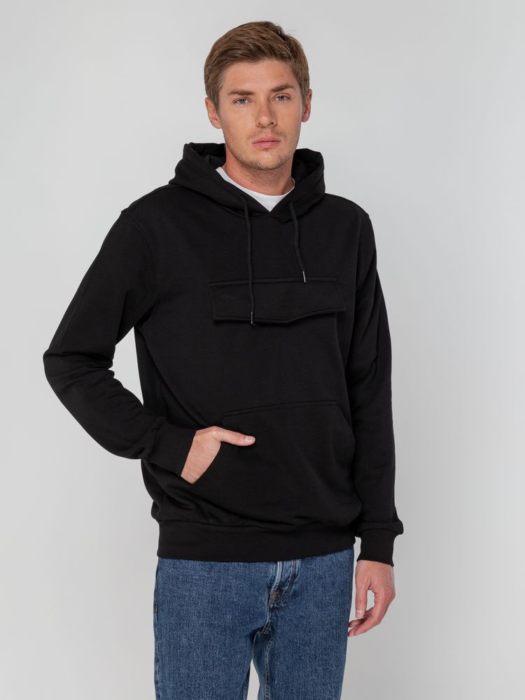 Худи унисекс с карманом на груди Chest Pocket, черное, XS/S